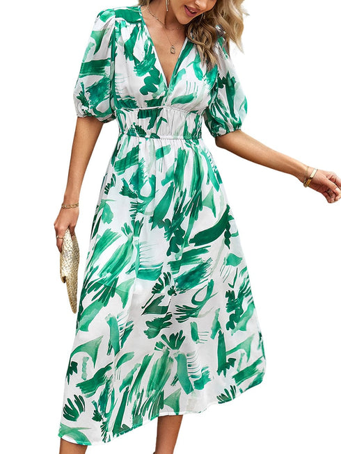 Temperament Print Waist V Neck Midi Dress