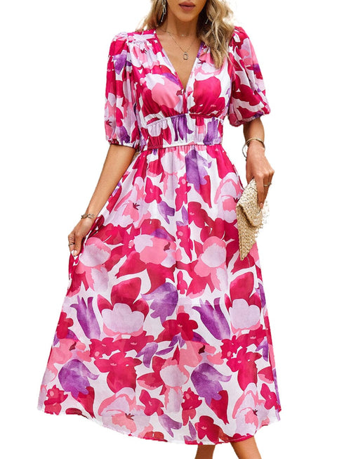 Temperament Print Waist V Neck Midi Dress