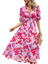 Temperament Print Waist V Neck Midi Dress