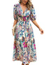Temperament Print Waist V Neck Midi Dress