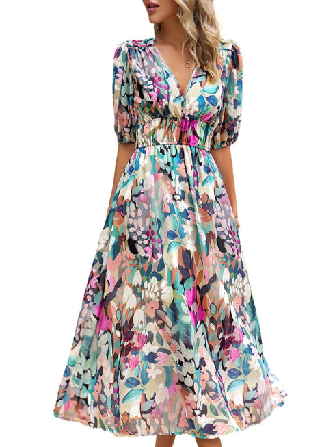 Temperament Print Waist V Neck Midi Dress