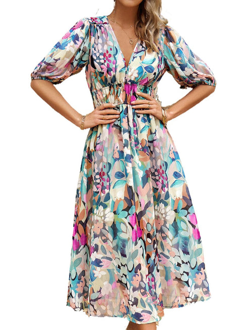 Temperament Print Waist V Neck Midi Dress