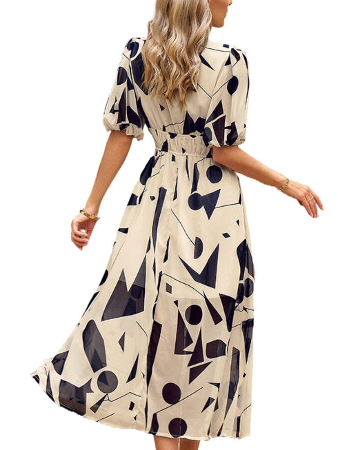 Temperament Print Waist V Neck Midi Dress