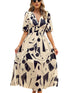 Temperament Print Waist V Neck Midi Dress