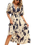Temperament Print Waist V Neck Midi Dress