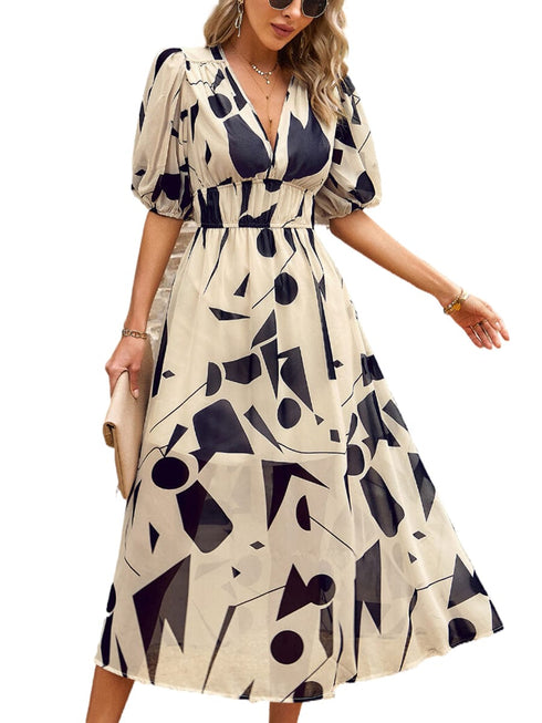 Temperament Print Waist V Neck Midi Dress