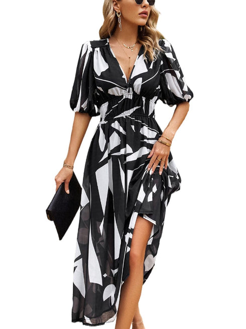 Temperament Print Waist V Neck Midi Dress