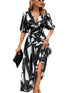 Temperament Print Waist V Neck Midi Dress