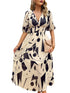 Temperament Print Waist V Neck Midi Dress