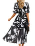 Temperament Print Waist V Neck Midi Dress