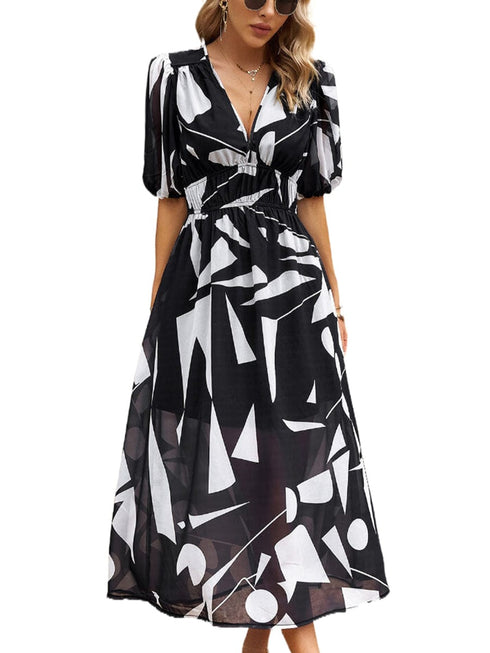 Temperament Print Waist V Neck Midi Dress