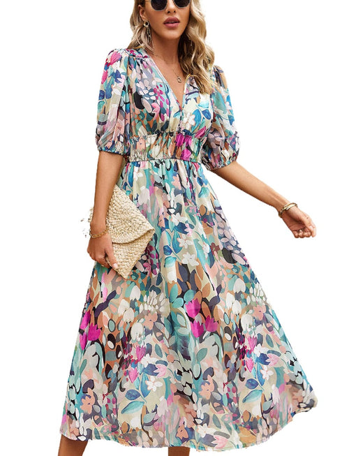 Temperament Print Waist V Neck Midi Dress