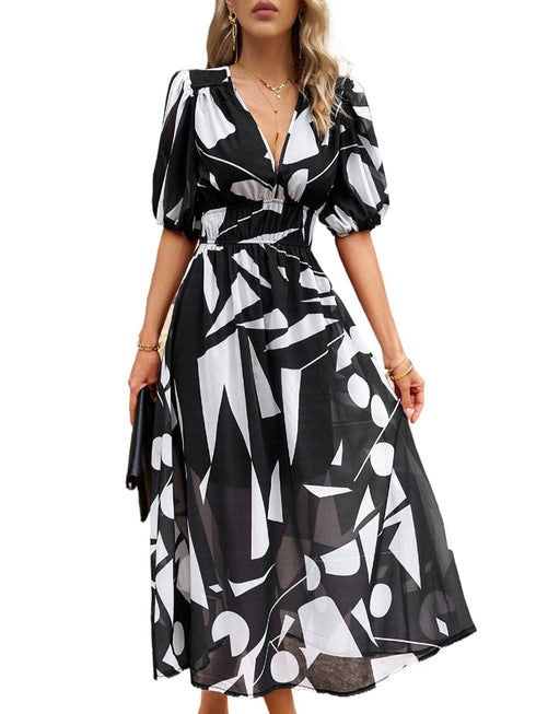 Temperament Print Waist V Neck Midi Dress