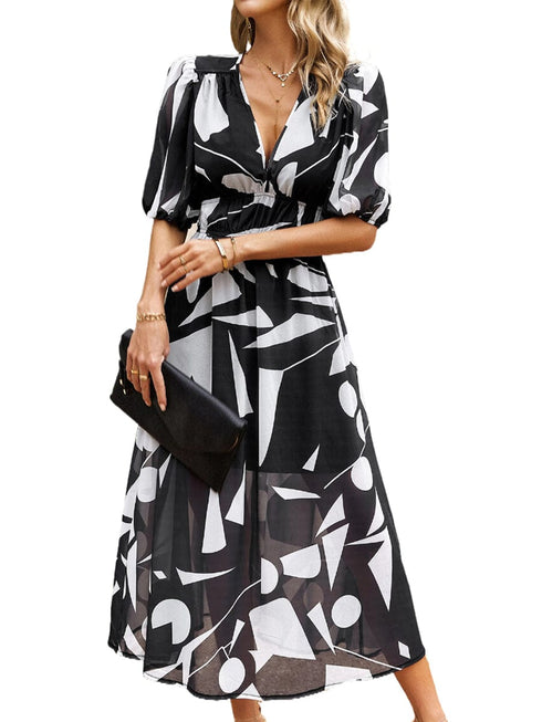 Temperament Print Waist V Neck Midi Dress