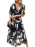 Temperament Print Waist V Neck Midi Dress