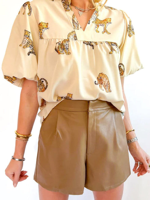Tempting Printed Lapel Single-Breasted Long-Sleeved Blouse