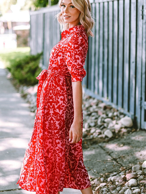 Tomato Red Floral Print Maxi Dress with V Neck and Belt