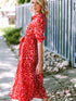 Tomato Red Floral Print Maxi Dress with V Neck and Belt