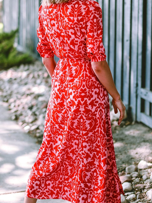 Tomato Red Floral Print Maxi Dress with V Neck and Belt