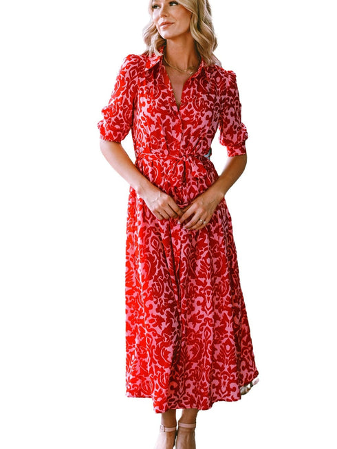 Tomato Red Floral Print Maxi Dress with V Neck and Belt