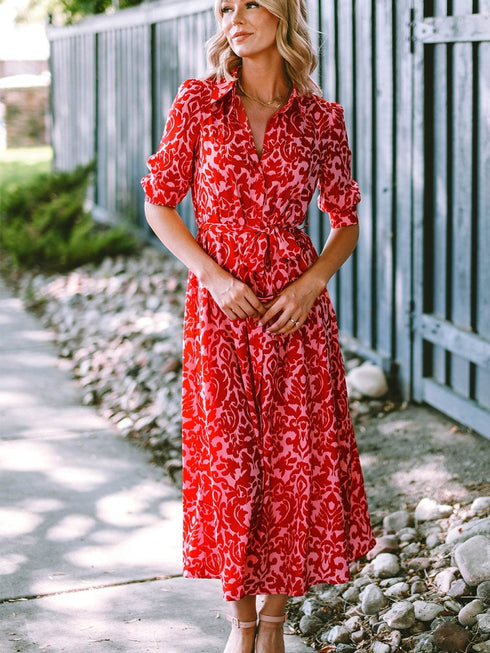 Tomato Red Floral Print Maxi Dress with V Neck and Belt