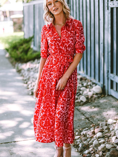 Tomato Red Floral Print Maxi Dress with V Neck and Belt