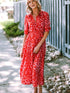 Tomato Red Floral Print Maxi Dress with V Neck and Belt