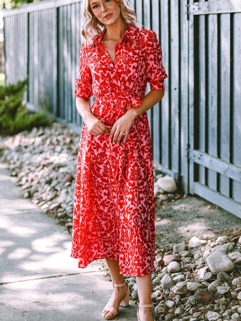 Tomato Red Floral Print Maxi Dress with V Neck and Belt