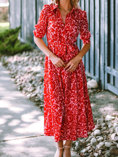 Tomato Red Floral Print Maxi Dress with V Neck and Belt