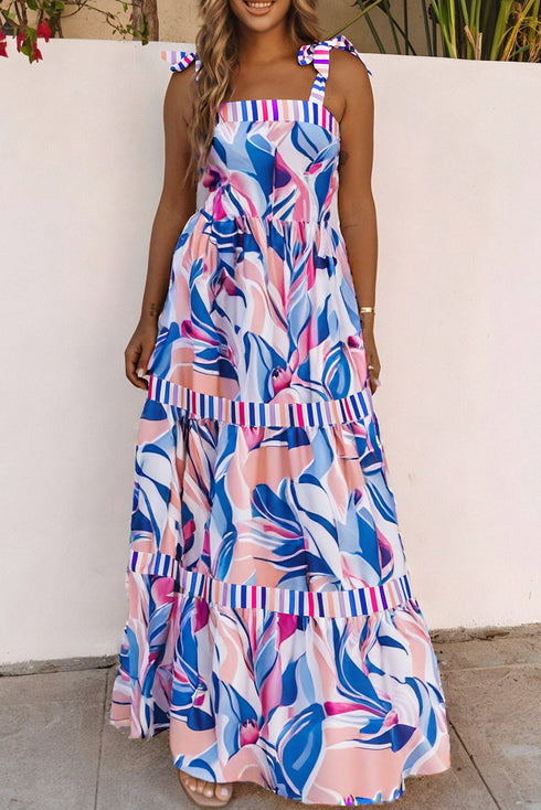 Sky Blue Abstract Print Striped Detail Knot Strap Maxi Dress