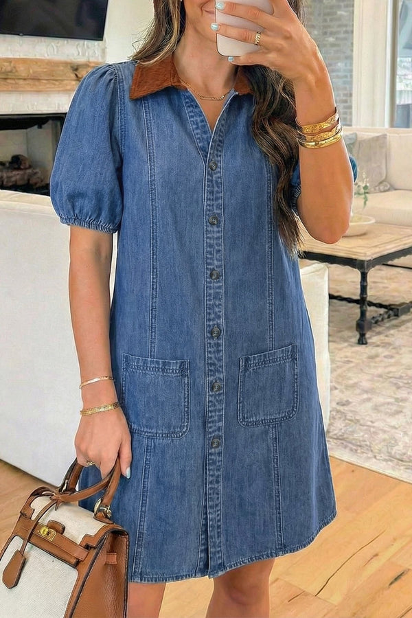 Women's Trendy Women's Blue Color Block Mini Dress with Short Puff Sleeves, Shirt Collar, and Stylish Patchwork Design