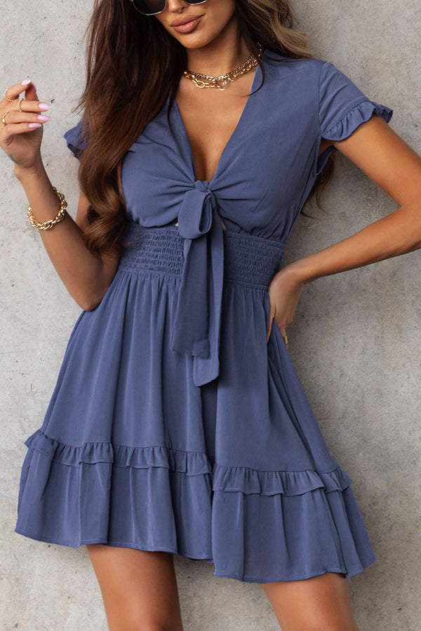 Women's Trendy Women's Blue Deep V Neck Flare Mini Dress with Self-Tie Knot - Perfect for Summer Outings and Casual Events