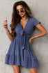 Blue Deep V Neck Self-tie Knotted Front Layered Flare Mini Dress