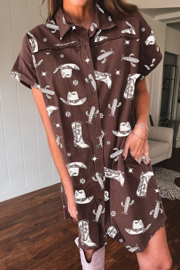 women's trendy women's cactus print denim dress with raw edge and button details, plus brown cowgirl hat - western style outfit with practical styling