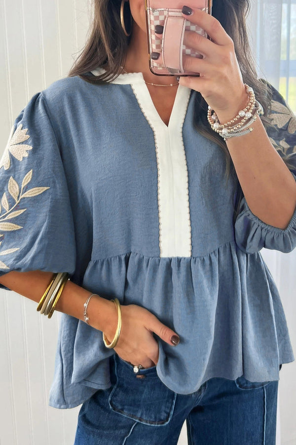 Myosotis Color Block Patchwork V Neck Embroidered Puff Sleeve Babydoll Blouse