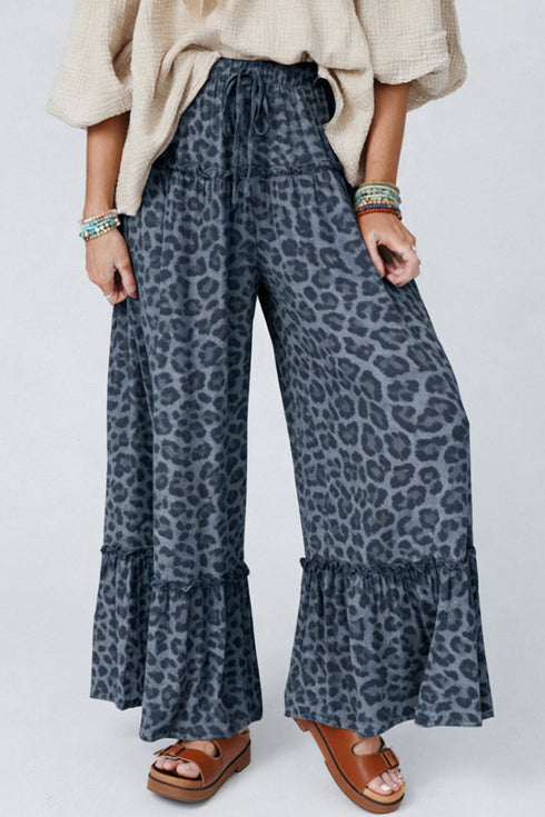 Gray Wild Leopard Print Frilled Detail Drawstring Wide Leg Pants