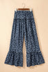 Gray Wild Leopard Print Frilled Detail Drawstring Wide Leg Pants