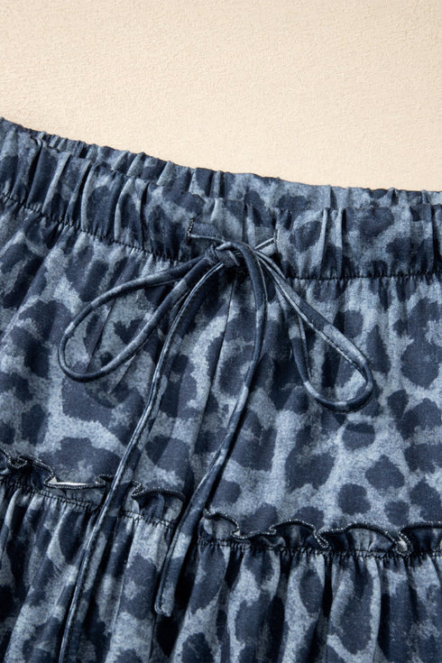 Gray Wild Leopard Print Frilled Detail Drawstring Wide Leg Pants
