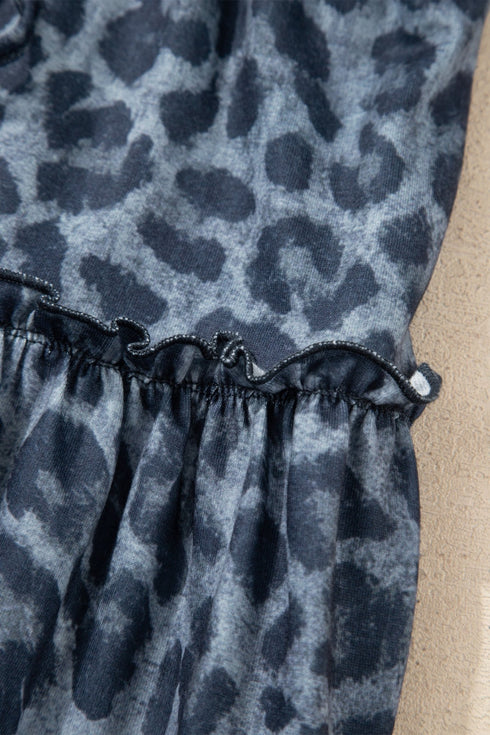 Gray Wild Leopard Print Frilled Detail Drawstring Wide Leg Pants