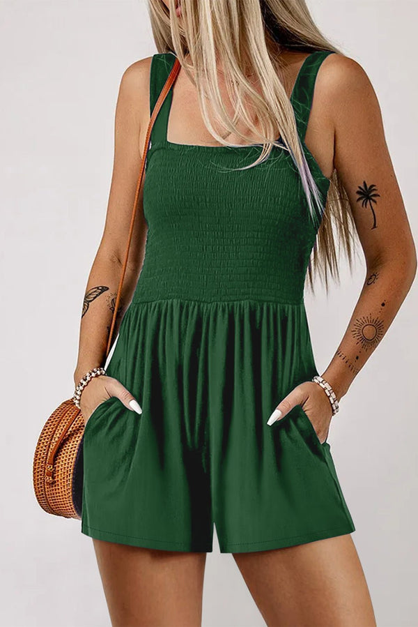 Women's Trendy Women's Green Sleeveless Casual Romper with Pockets - Stylish Smocked Design for Effortless Summer Look