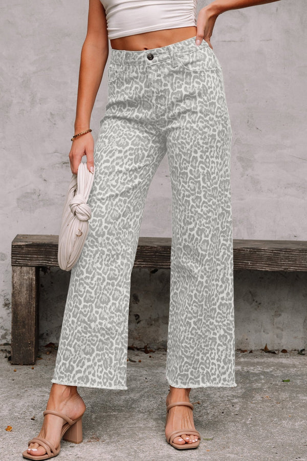 Gray Leopard Frayed Edge Wide Leg High Waist Jeans