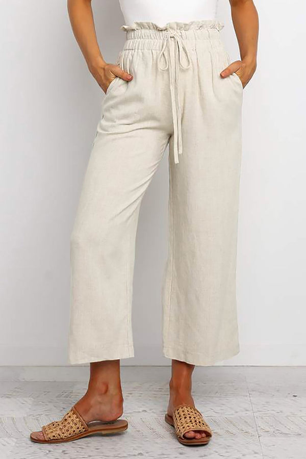 Women's Trendy Women's Khaki Cropped Straight Leg Pants with Paperbag Waist - Comfortable Everyday Casual Style