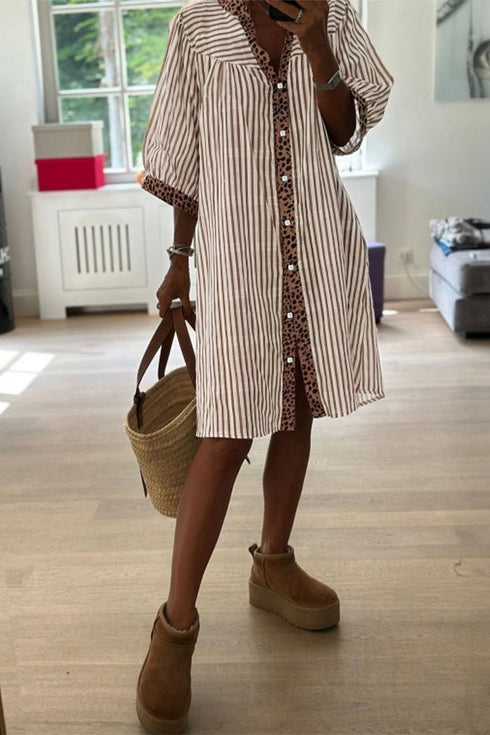 Khaki Stripe Square Button Leopard Trim Loose Bracelet Sleeve Shirt Dress