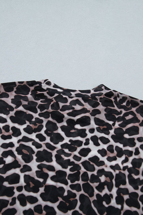 Khaki Leopard Print Sheer Mesh Short Sleeve Top