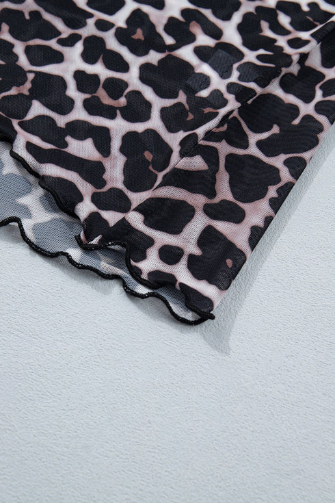 Khaki Leopard Print Sheer Mesh Short Sleeve Top