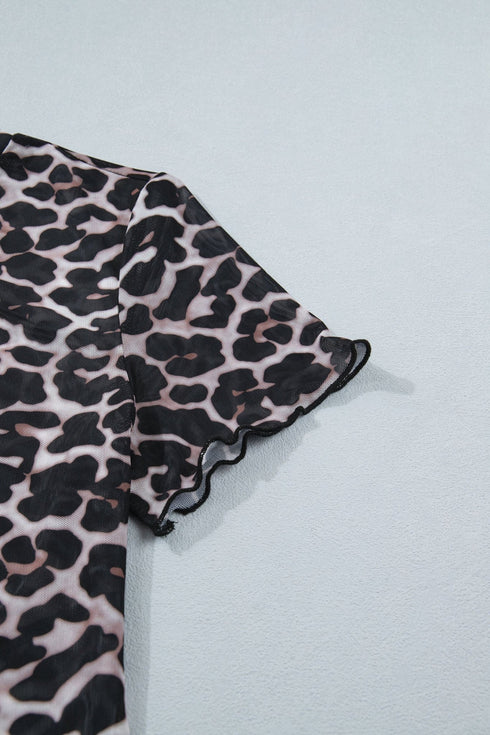 Khaki Leopard Print Sheer Mesh Short Sleeve Top