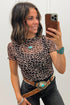Khaki Leopard Print Sheer Mesh Short Sleeve Top