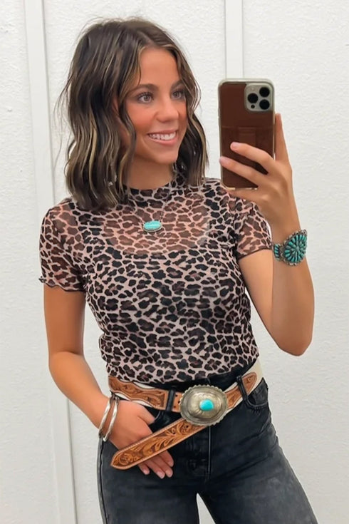Khaki Leopard Print Sheer Mesh Short Sleeve Top