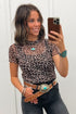 Khaki Leopard Print Sheer Mesh Short Sleeve Top