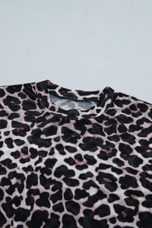 Khaki Leopard Print Sheer Mesh Short Sleeve Top